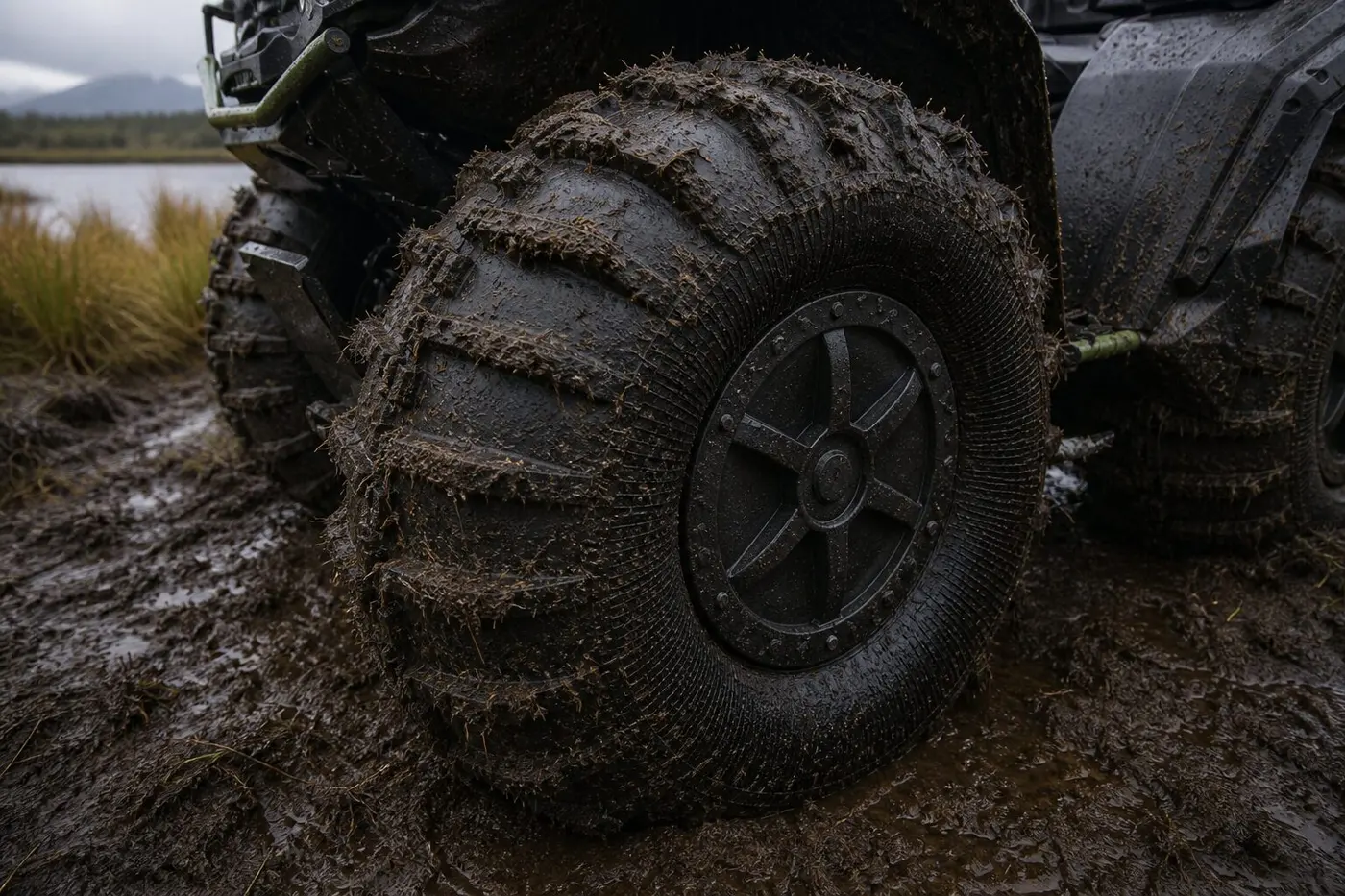 Close-up of 1150×500 ultra-low pressure balloon tyres in mud
